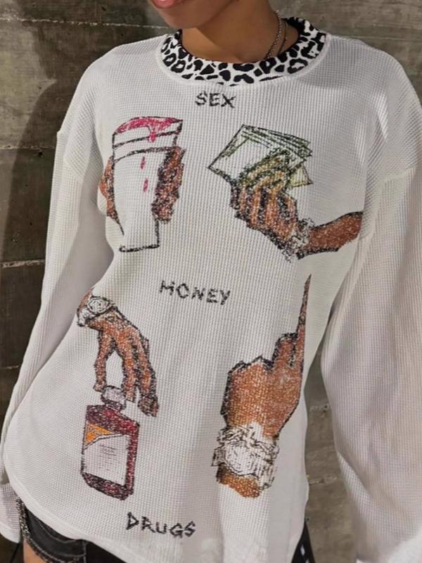 Y2K Leopard Print Round Neck T-Shirt Long Sleeve Product Image