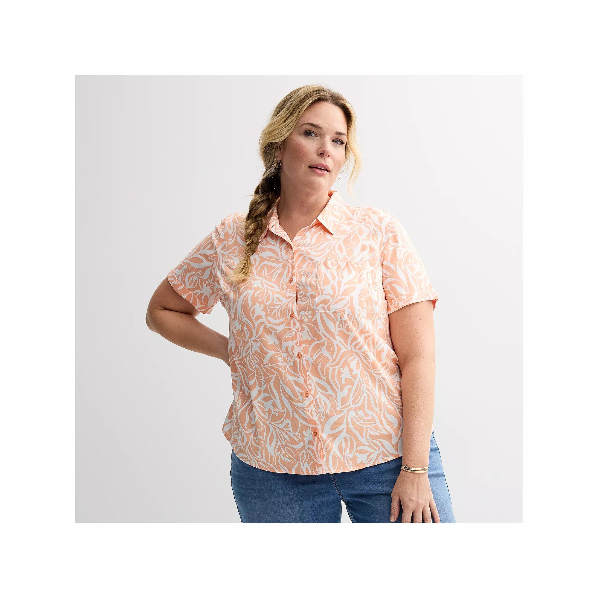 Plus Size Croft & Barrow® Camp Shirt, Women's, Size: 0X, Orange Painted Blooms Product Image