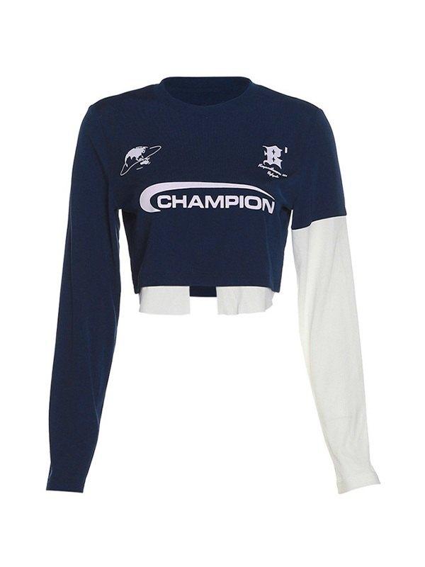 Logo Graphic Patchwork Long Sleeve Crop Top Product Image