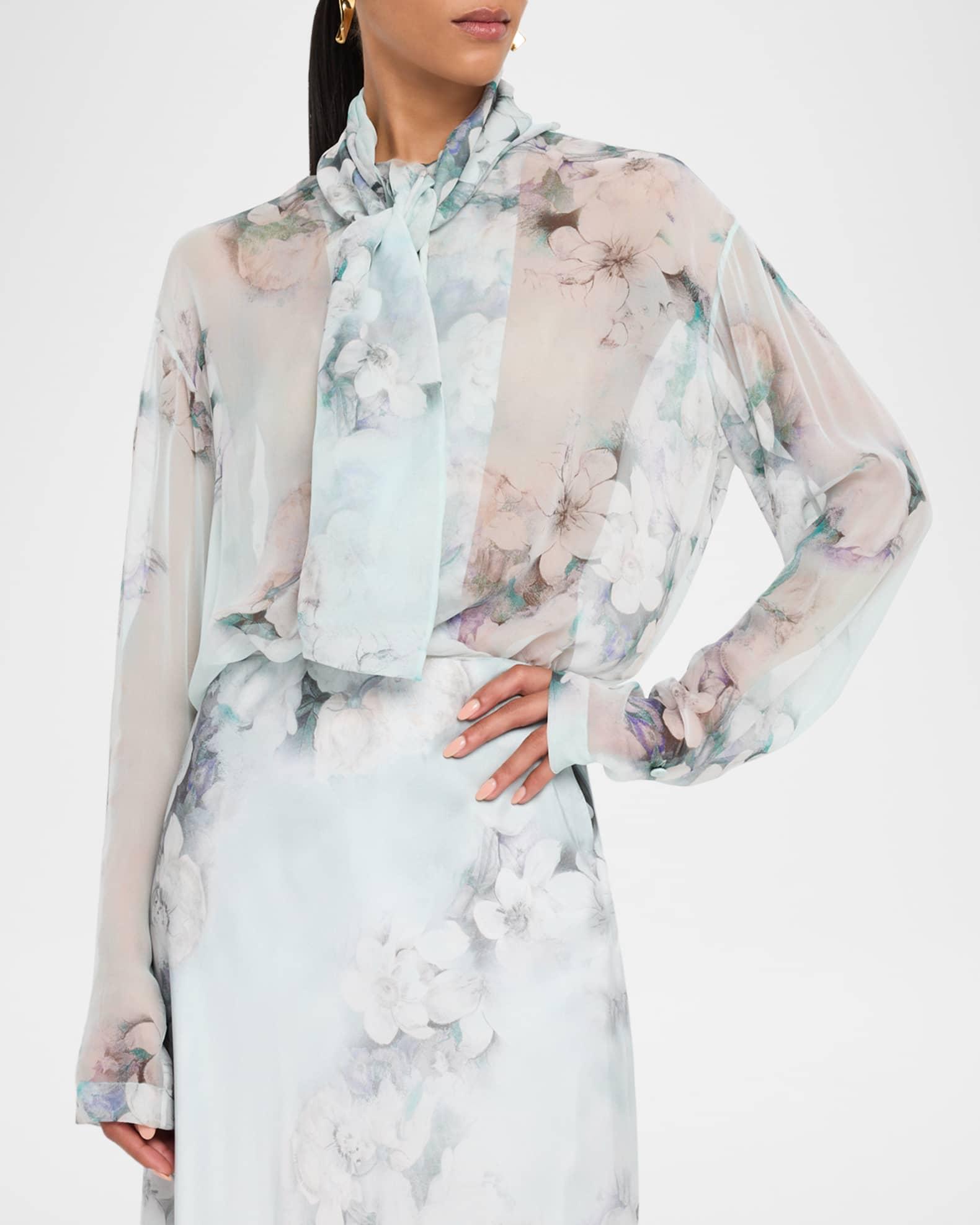 Flower Print Chiffon Scarf-Neck Blouse Product Image