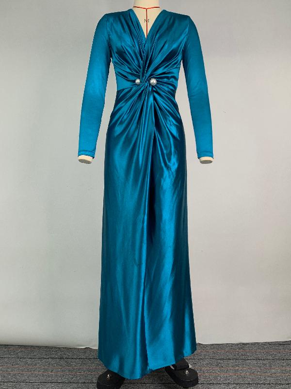 Solid Color Bodycon Long Sleeves Pleated  Split-Front Tied Waist Deep V-Neck Maxi Dresses Product Image