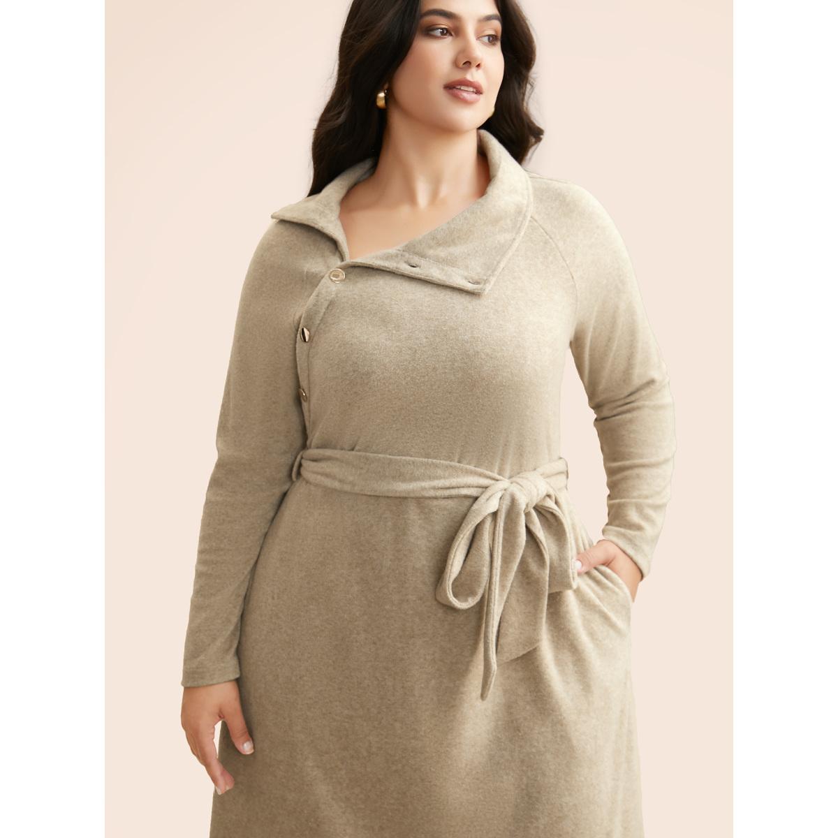 Plus Size Airy Cozy Button Bodice Placket Midi Dress LightBrown Women Casual Belted Knit Dresses Bloomchic 30/6X Product Image