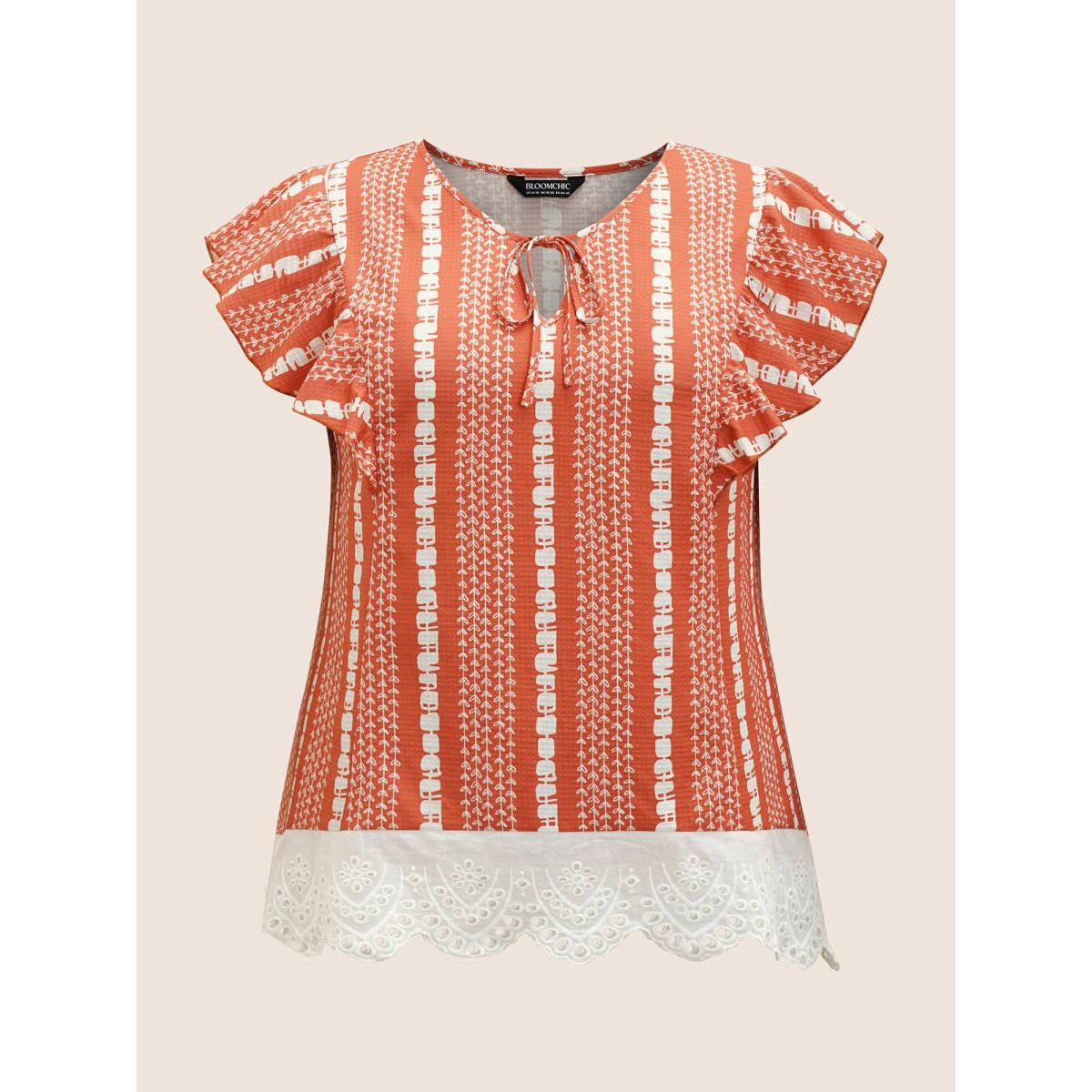 Plus Size Brightorange Boho Print Lace Panel Cap Sleeve Blouse Women Resort Cap Sleeve V-neck Vacation Blouses BloomChic 10/M Product Image