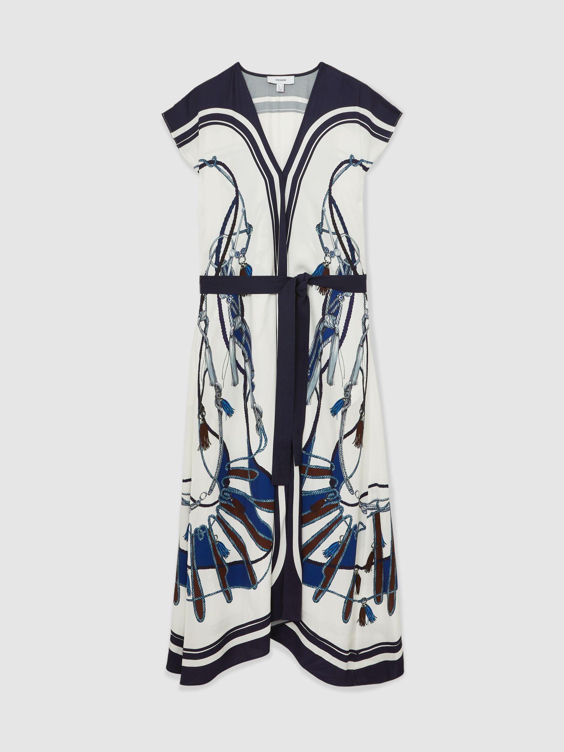 Scarf-Print V-Neck Belted Midi Dress in Blue/Brown Product Image