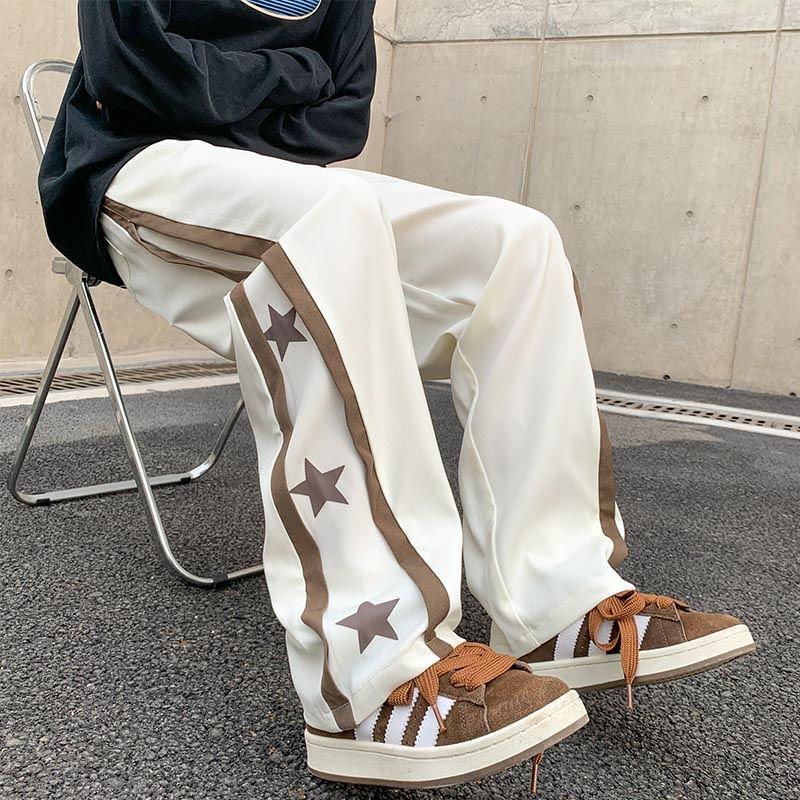 Drawstring Waist Star Print Panel Straight Leg Pants Product Image