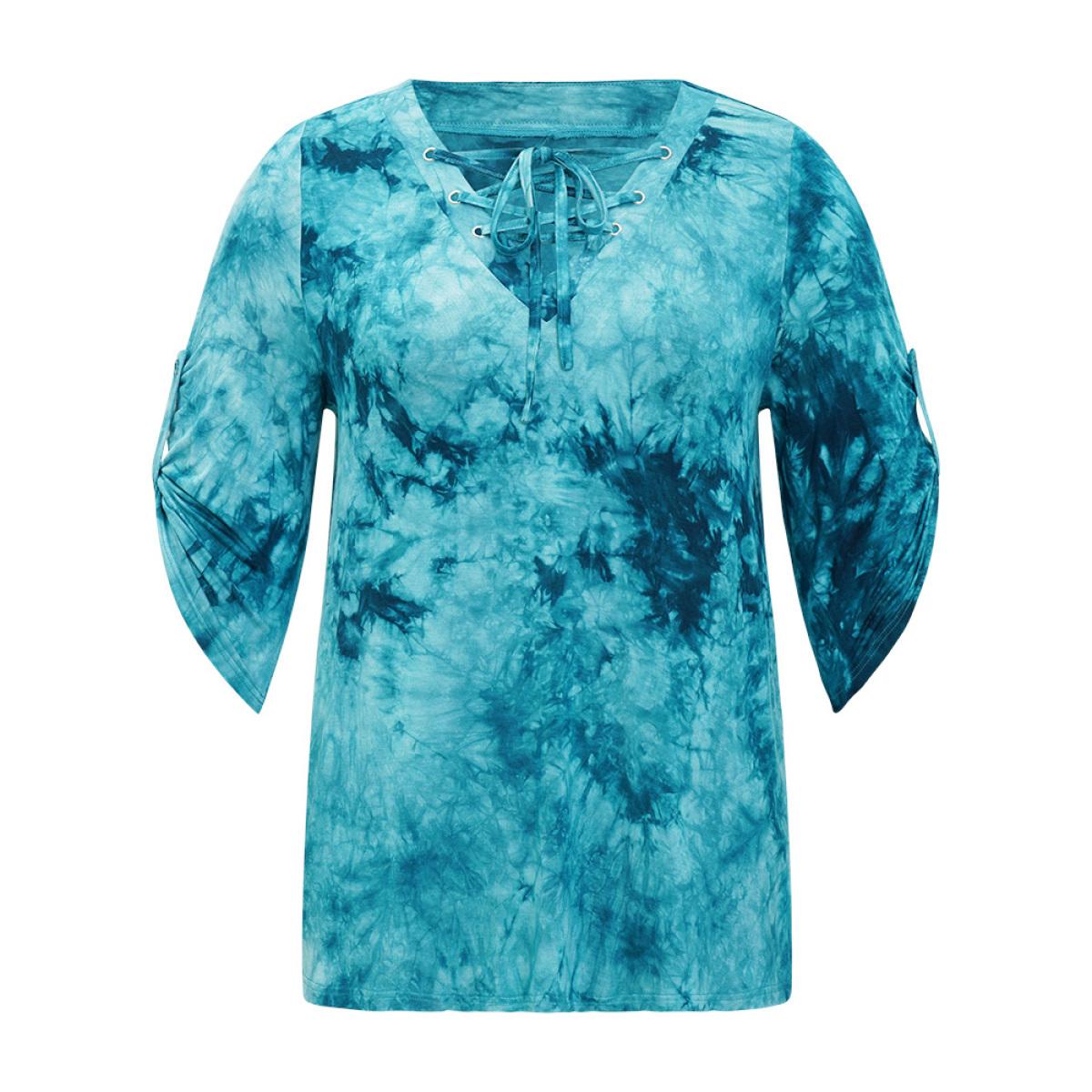 Plus Size Tie Dye Roll Sleeve Lace Up T-shirt Cerulean Women Casual Tie Dye V-neck Dailywear T-shirts BloomChic 18-20/2X Product Image