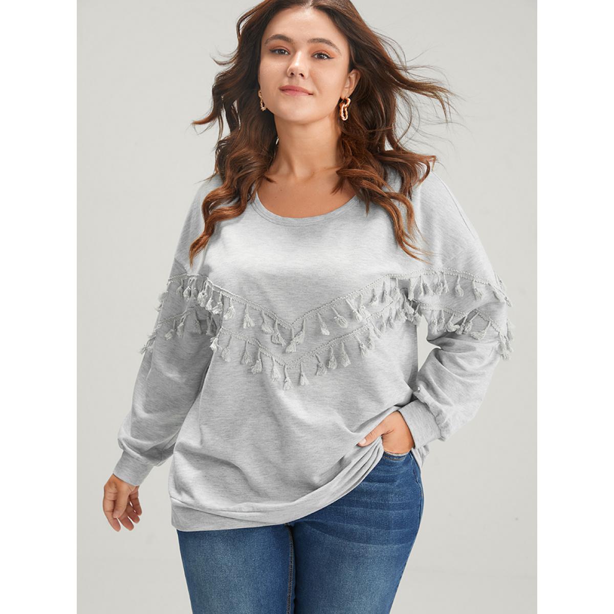 Plus Size Solid Round Neck Tassels Drop Shoulder Sweatshirt Women LightGray Casual Patchwork Round Neck Dailywear Sweatshirts BloomChic 18-20/2X Product Image
