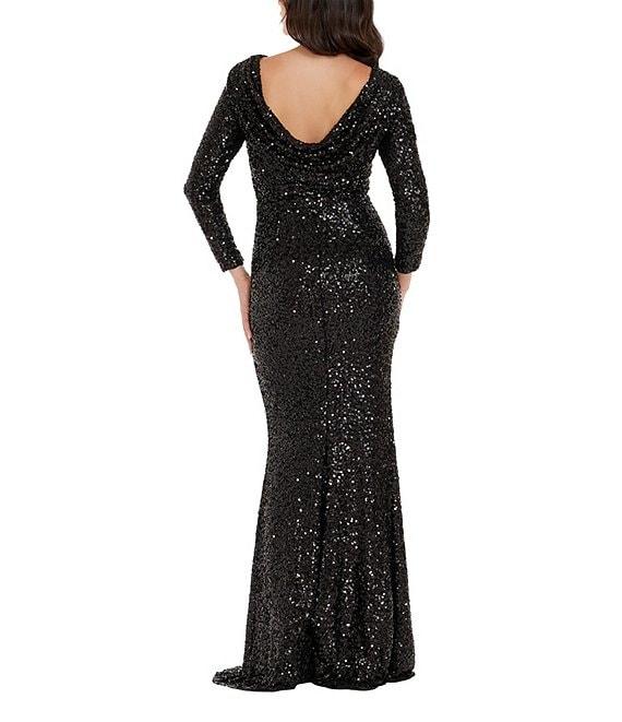 Dress the Population Stretch Sequin High Neck Low Cowl Back Long Sleeve Mermaid Gown Product Image