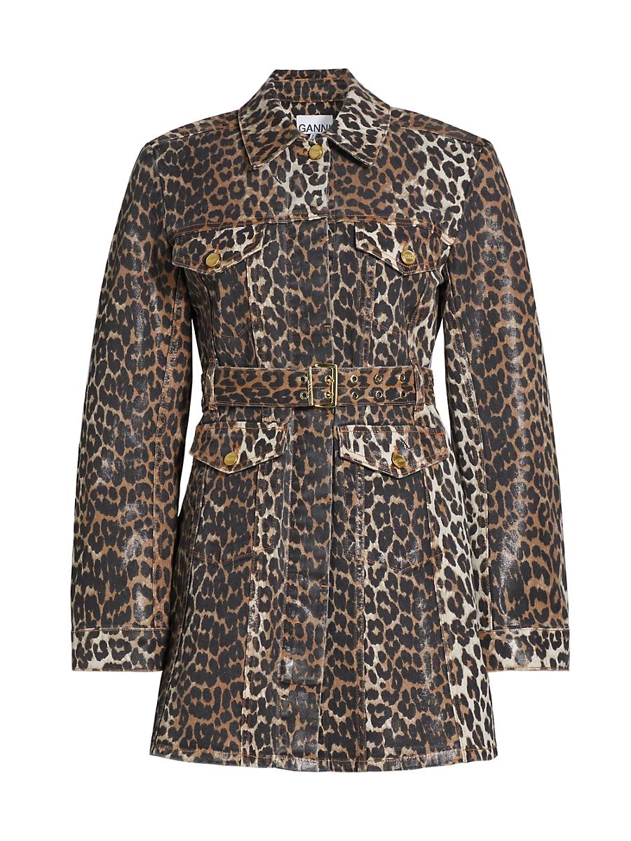 Womens Leopard Print Denim Mini Shirtdress Product Image