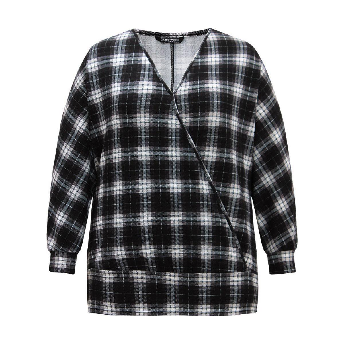 Plus Size Plaid Overlap Collar Long Sleeve Sweatshirt Women Black Elegant Wrap Overlap Collar Dailywear Sweatshirts BloomChic 12/L Product Image