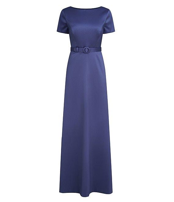 Kay Unger Louisa Stretch Mikado Boat Neck Short Sleeve Belted A-Line Gown Product Image