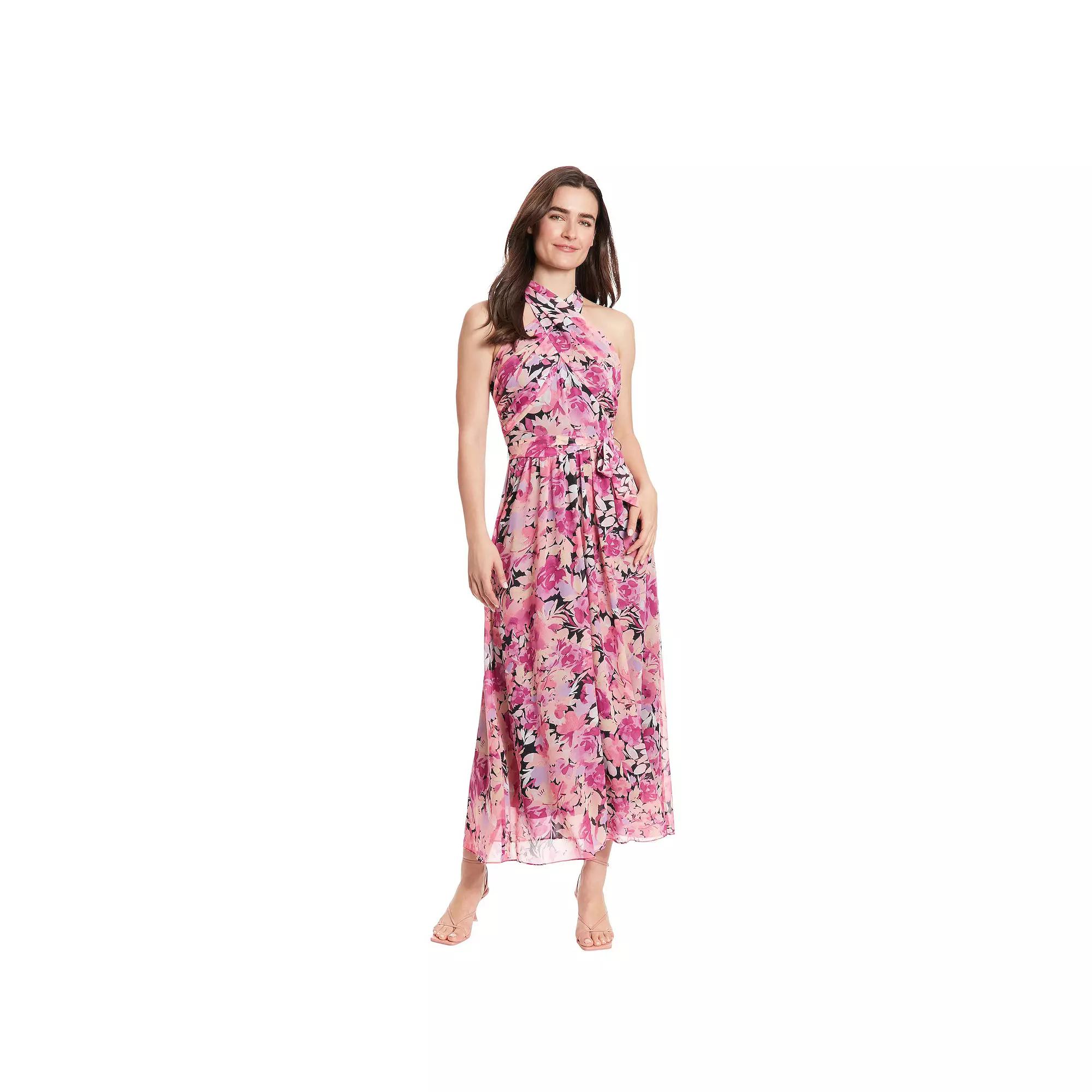 Women's London Times Floral Wrap Halter Maxi Dress, Size: 12, Pink Product Image