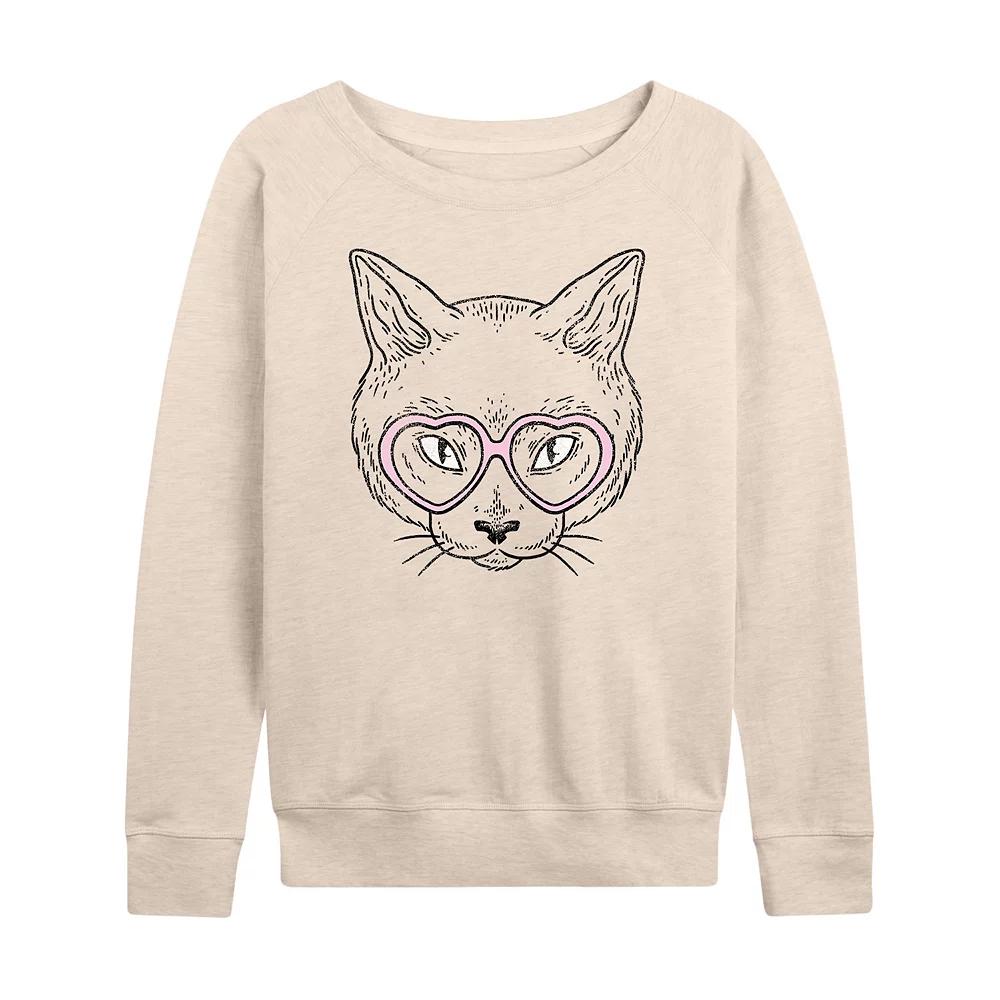 Women's Cat Heart Glasses French Terry Long Sleeve Tee,  Product Image