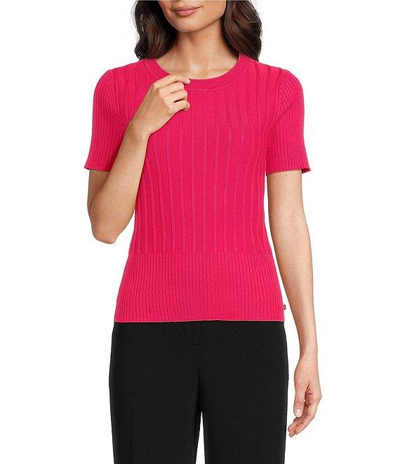 KARL LAGERFELD PARIS Knit Scoop Neck Short Sleeve Ribbed Top Product Image