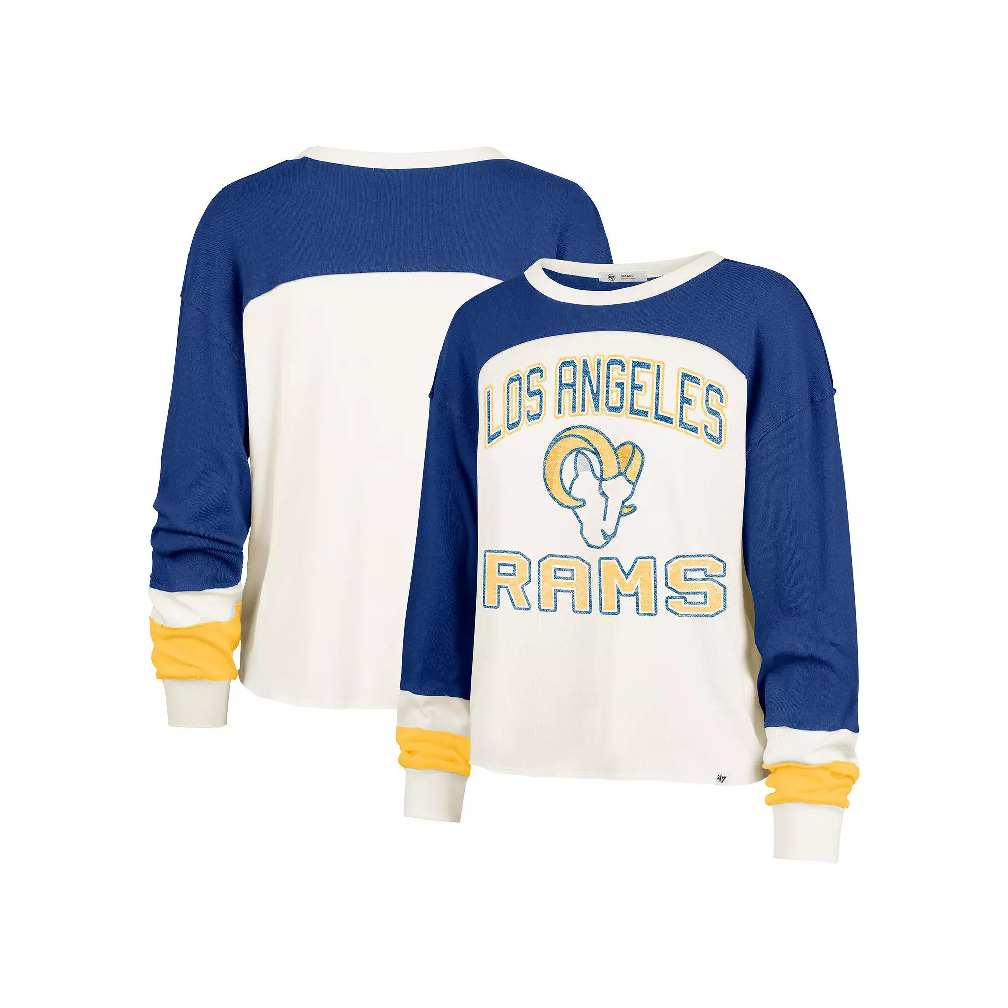 Women's '47 Cream Los Angeles Rams Double Header Curve Raglan Long Sleeve Crop Top, Size: XL, Beige Product Image