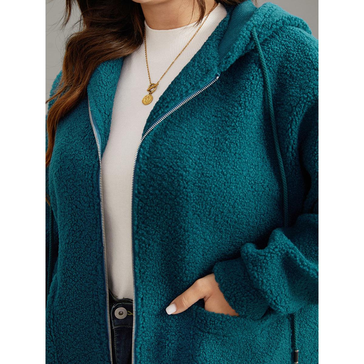 Plus Size Plain Texture O Ring Zipper Hooded Drawstring Jacket Women Aegean Texture Pocket Everyday Jackets BloomChic 10/M Product Image