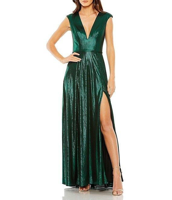 Mac Duggal Sleeveless Deep V-Neck High Slit Metallic Gown Product Image