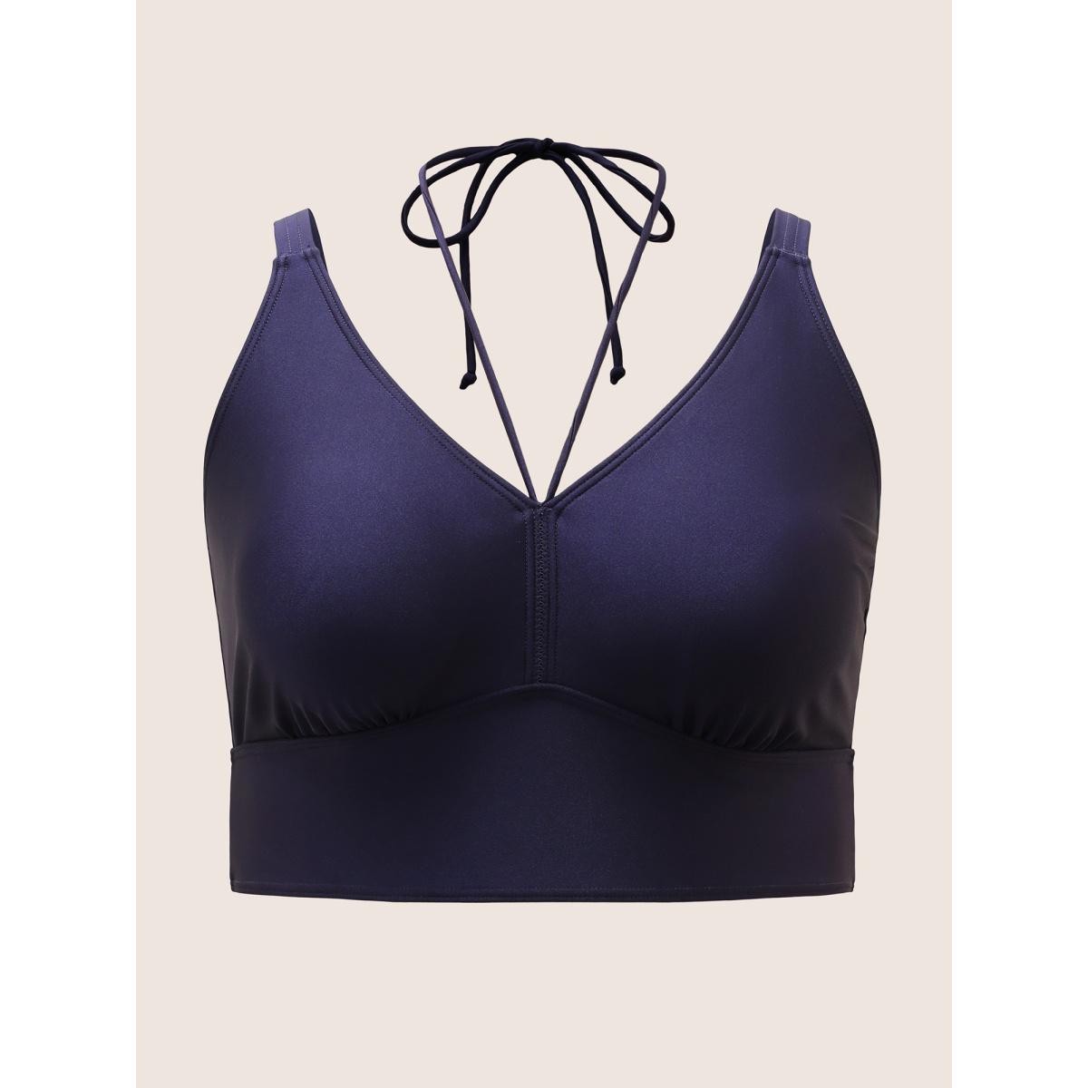 Plus Size Solid V Neck Tie Knot Adjustable Straps Swim Top Women's Swimwear Indigo Beach Tie knot High stretch Skinny V-neck Curve Swim Tops BloomChic 10/M Product Image