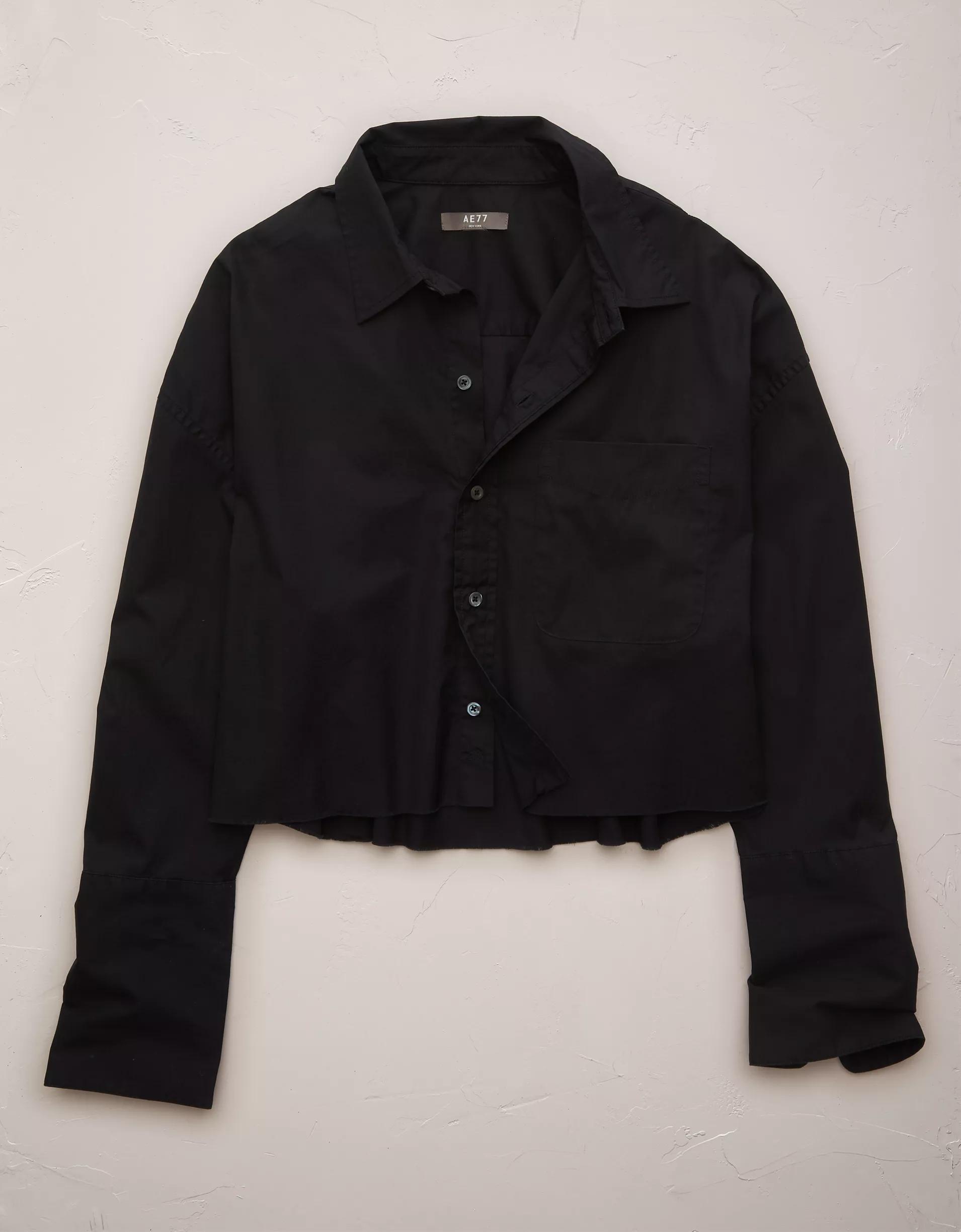 AE77 Premium Long-Sleeve Boxy Crop Tuxedo Shirt Product Image