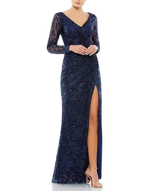 Mac Duggal V-Neck Sequined Faux Wrap Gown Product Image