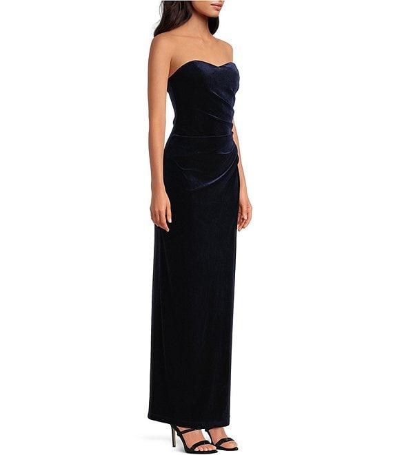 Pear Culture Strapless Ruched Velvet Long Dress Product Image
