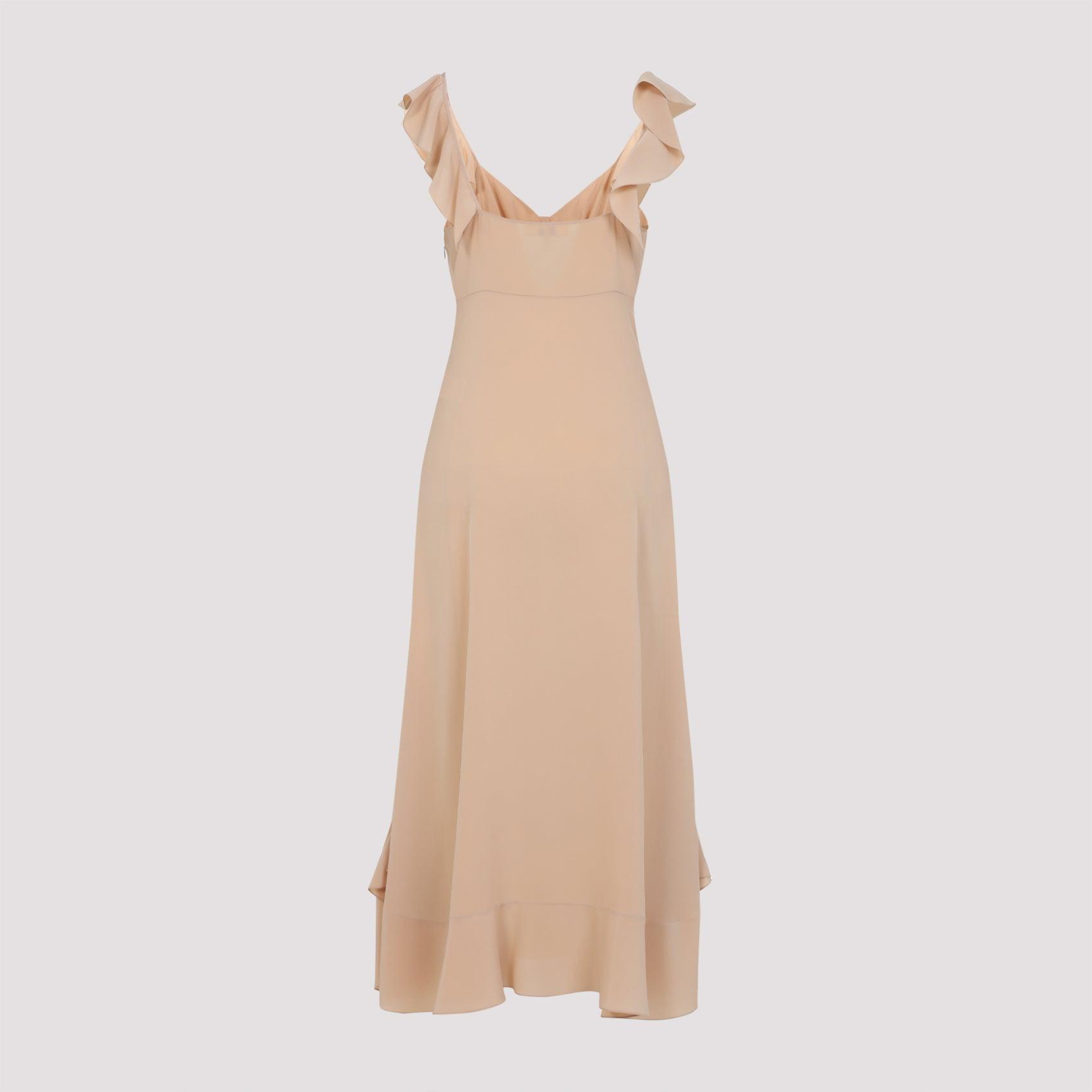 CHLOÉ Long Silk Dress With Flared Skirt And Ruffled Straps In Beige Product Image
