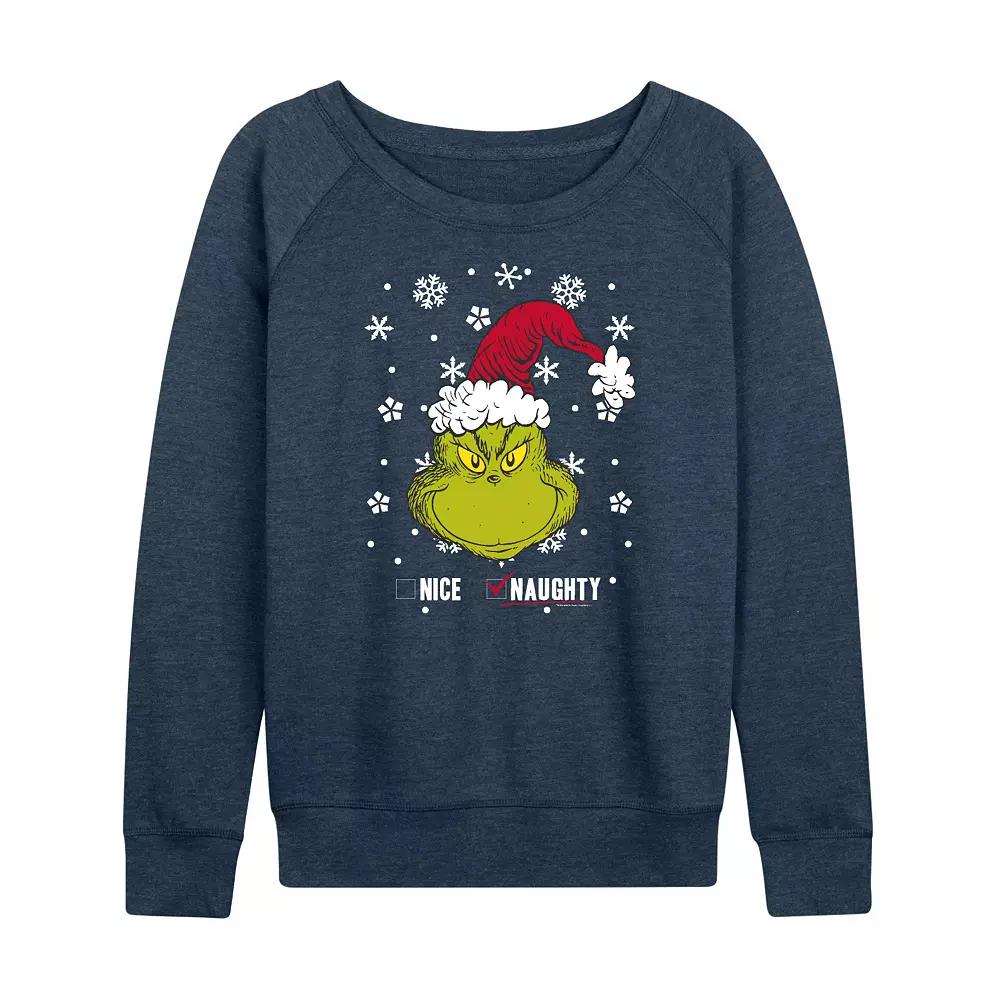 Women's Dr. Seuss The Grinch Naughty Or Nice French Terry Long Sleeve Tee, Girl's,  Product Image