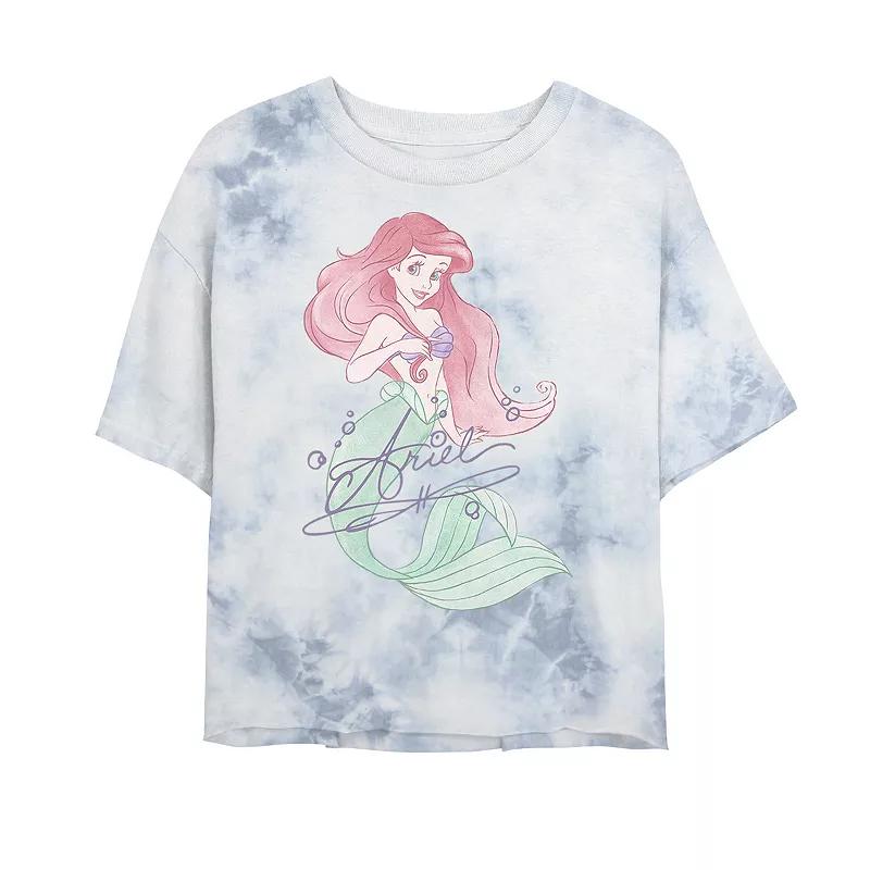 Juniors' Disney Princess The Little Mermaid Ariel Signed Portrait Bombard Wash Crop Graphic Tee, Women's, Size: Large, White Blue Product Image