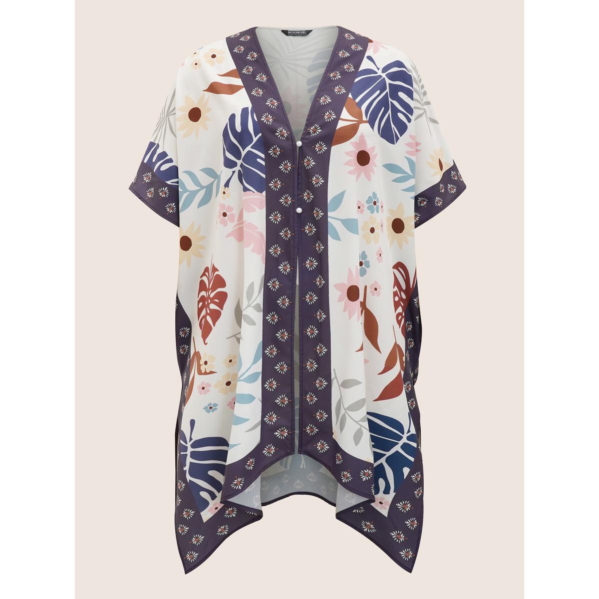 Plus Size Painted Flower Print Split Hem Kimono Women DarkBlue Resort Contrast Loose Vacation Kimonos BloomChic 30/6X Product Image