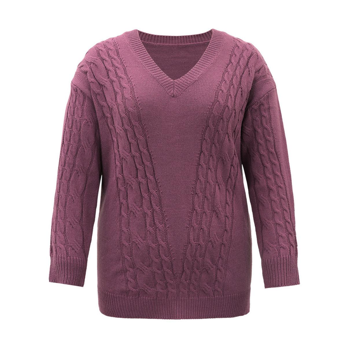 Plus Size Solid Cable Knit V Neck Split Side Pullover Mauve Women Casual Loose Long Sleeve V-neck Everyday Pullovers BloomChic 30/6X Product Image