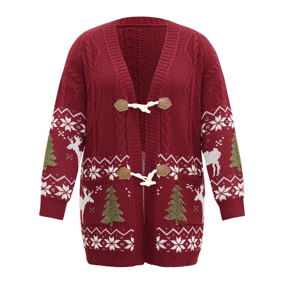 Plus Size Christmas Duffle Button Cable Knit Pocket Cardigan Scarlet Women Casual Loose Long Sleeve Festival-Halloween Cardigans BloomChic 30/6X Product Image