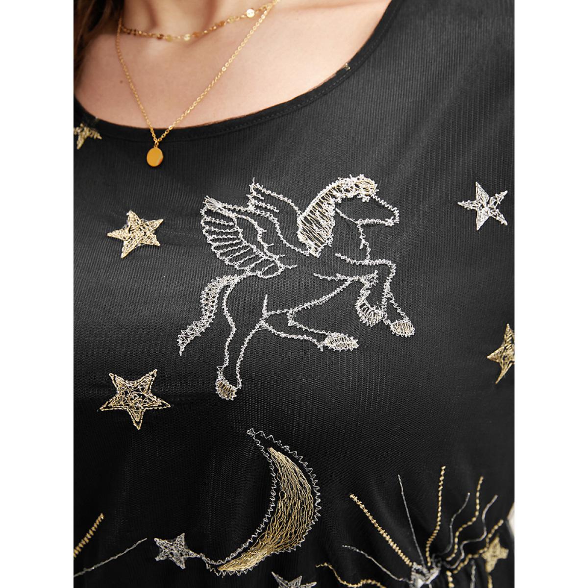 Plus Size Moon And Star Pocket Lantern Sleeve Embroidered Mesh Dress Black Women Party Round Neck Long Sleeve Curvy Long Dress BloomChic 14-16/1X Product Image