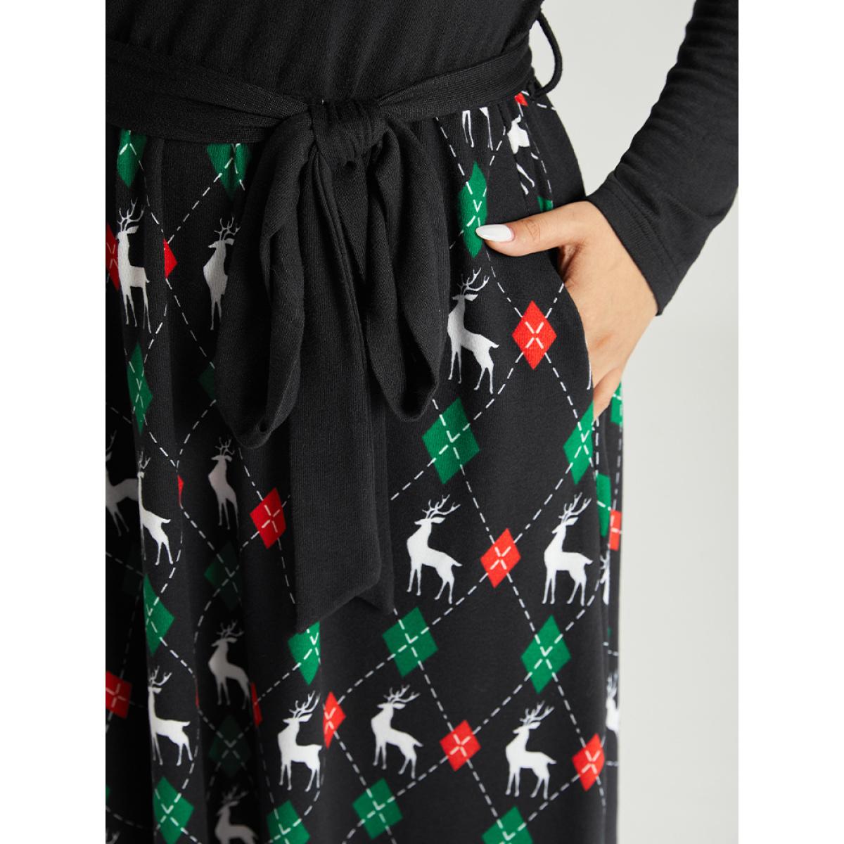 Plus Size Christmas Elk Crisscross Belted Pocket Dress Black Women Office Belted V-neck Long Sleeve Curvy Midi Dress BloomChic 12/L Product Image