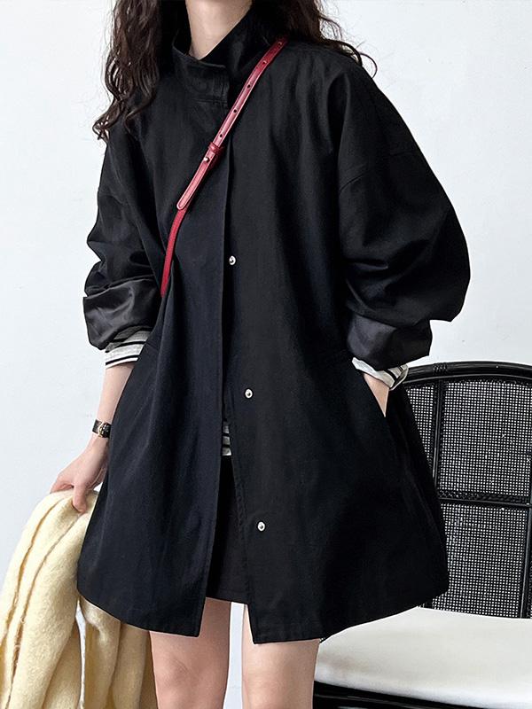 Long Sleeves Loose Pockets Solid Color Stand Collar Outerwear Trench Coats Product Image