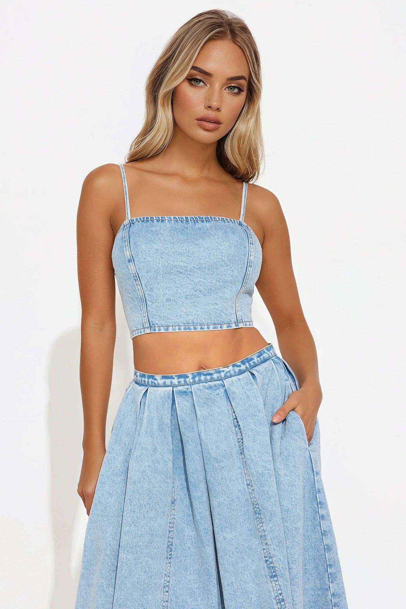 The Angelina Denim Skirt Set - Light Wash Product Image