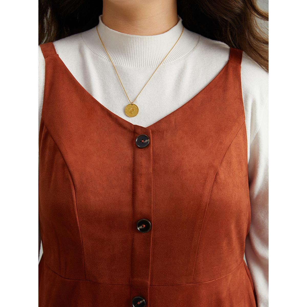 Plus Size Faux Suede Button Detail Patched Pocket Cami Dress Rust Women Elegant Adjustable Straps Spaghetti Strap Sleeveless Curvy Midi Dress BloomChic 14-16/1X Product Image