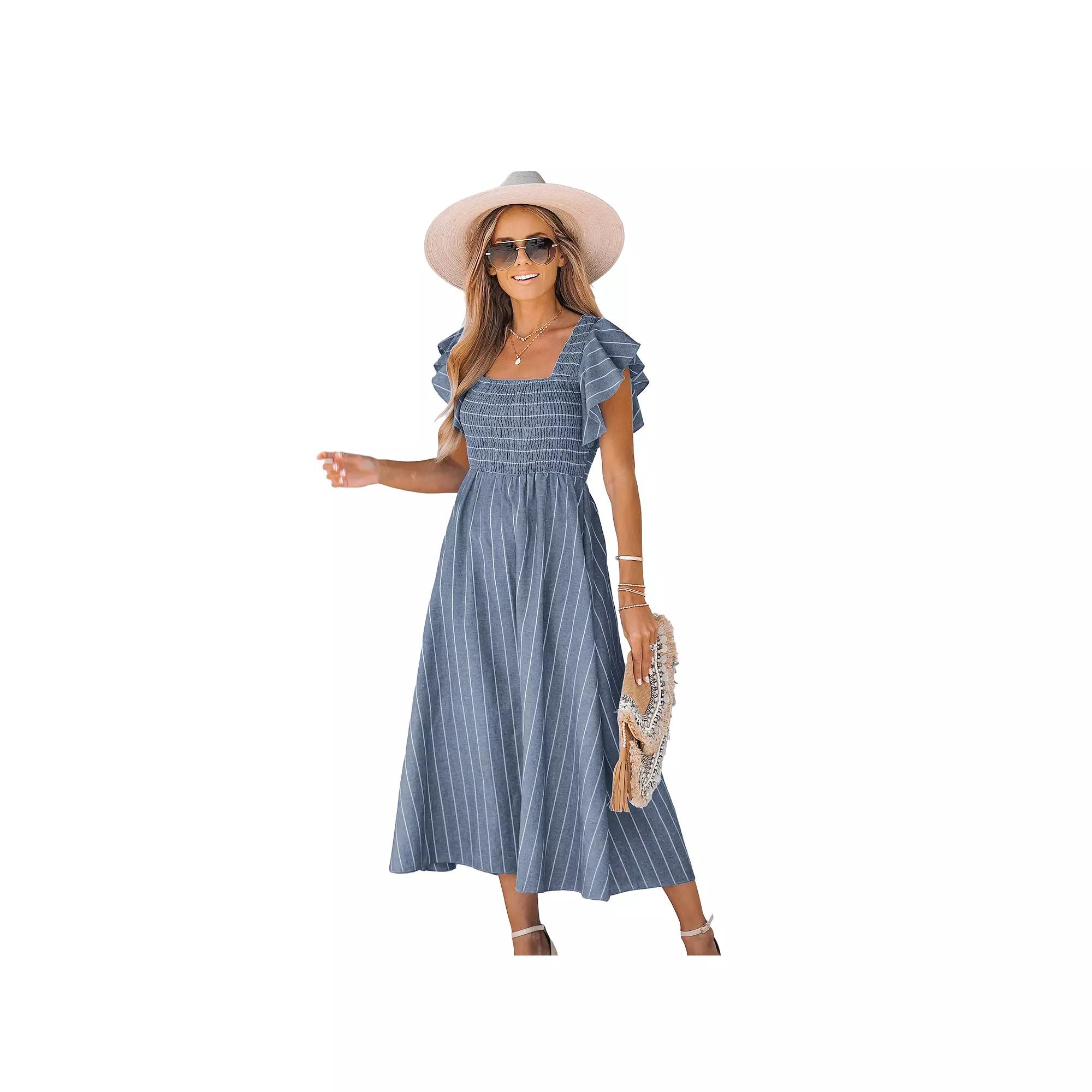 Women's Cupshe Smocked Pinstriped Cover Up Midi Dress,  Product Image