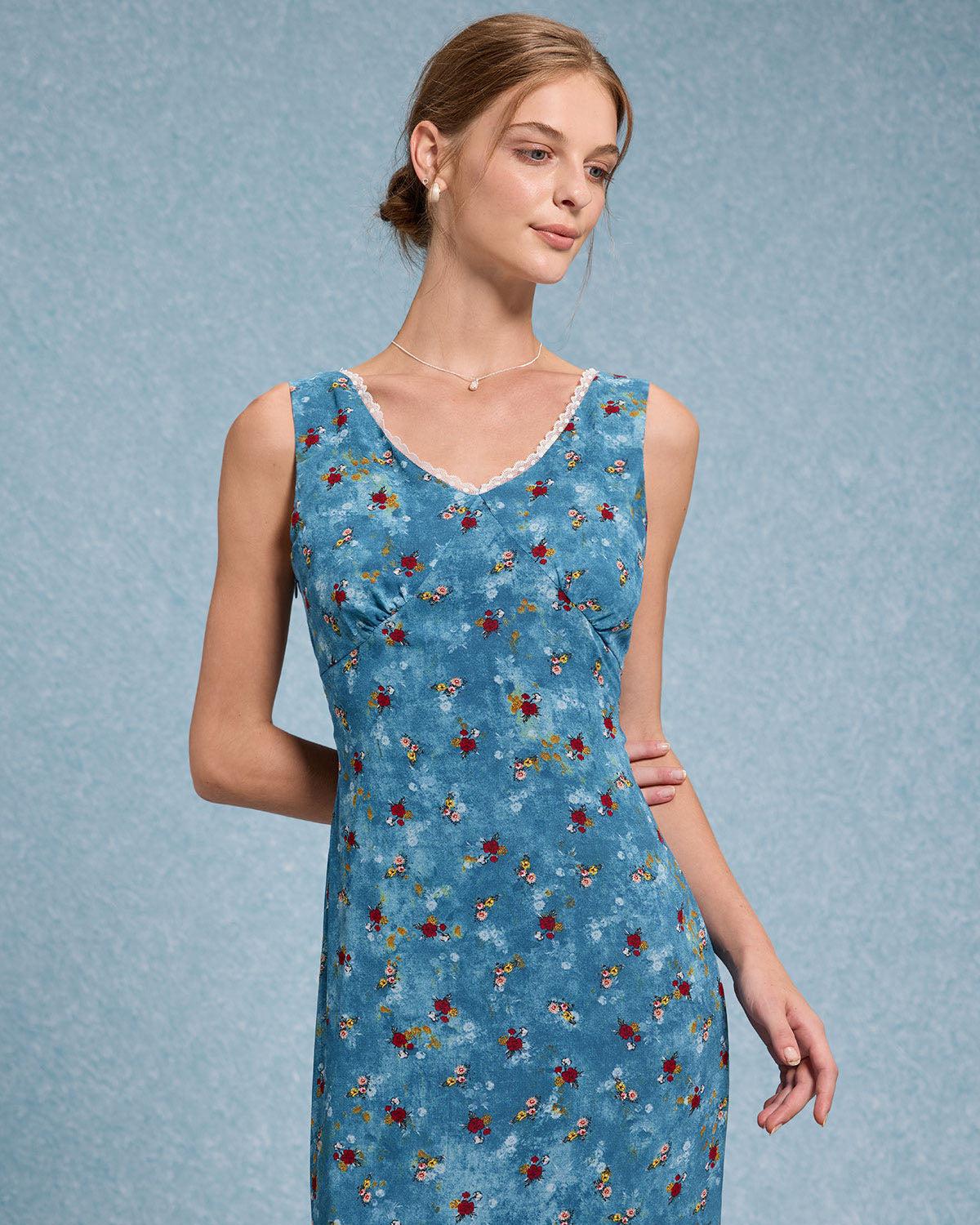 Blue Floral V Neck A-Line Sleeveless Midi Dress Product Image