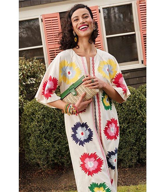 FRANCES VALENTINE Charming Fireflower Print Split U-Neck Short Sleeve Caftan Maxi Dress Product Image