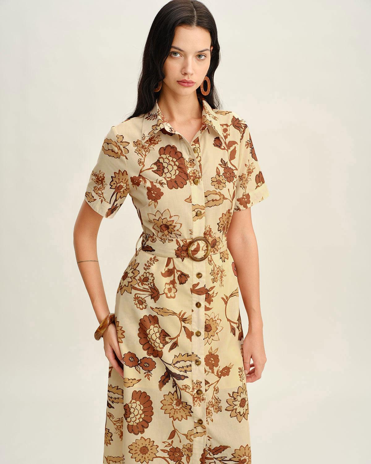 Brown Floral Belted Midi Dress Product Image