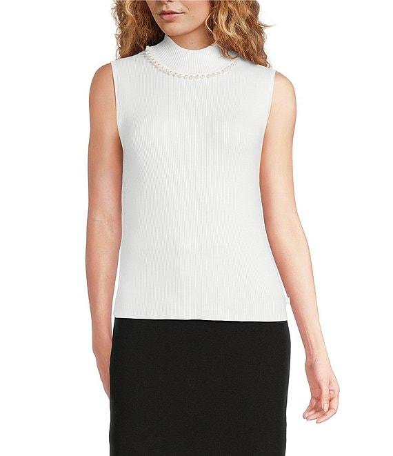 KARL LAGERFELD PARIS Knit Mock Neck Sleeveless Pearl Detail Top Product Image