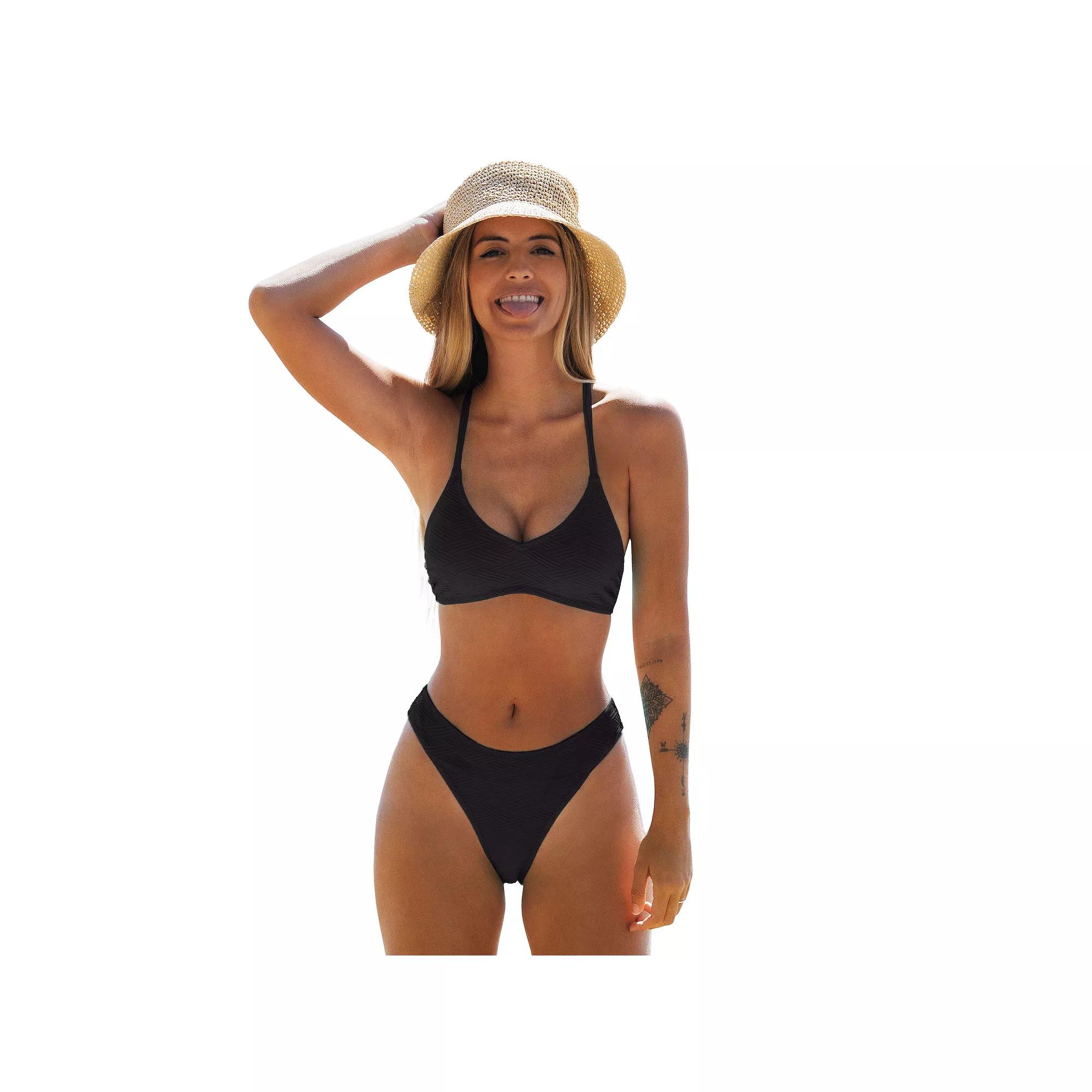 Women's Cupshe Textured Bikini Halter Top, Size: Small, Black Product Image