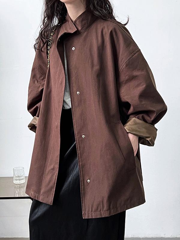 Long Sleeves Loose Pockets Solid Color Stand Collar Outerwear Trench Coats Product Image