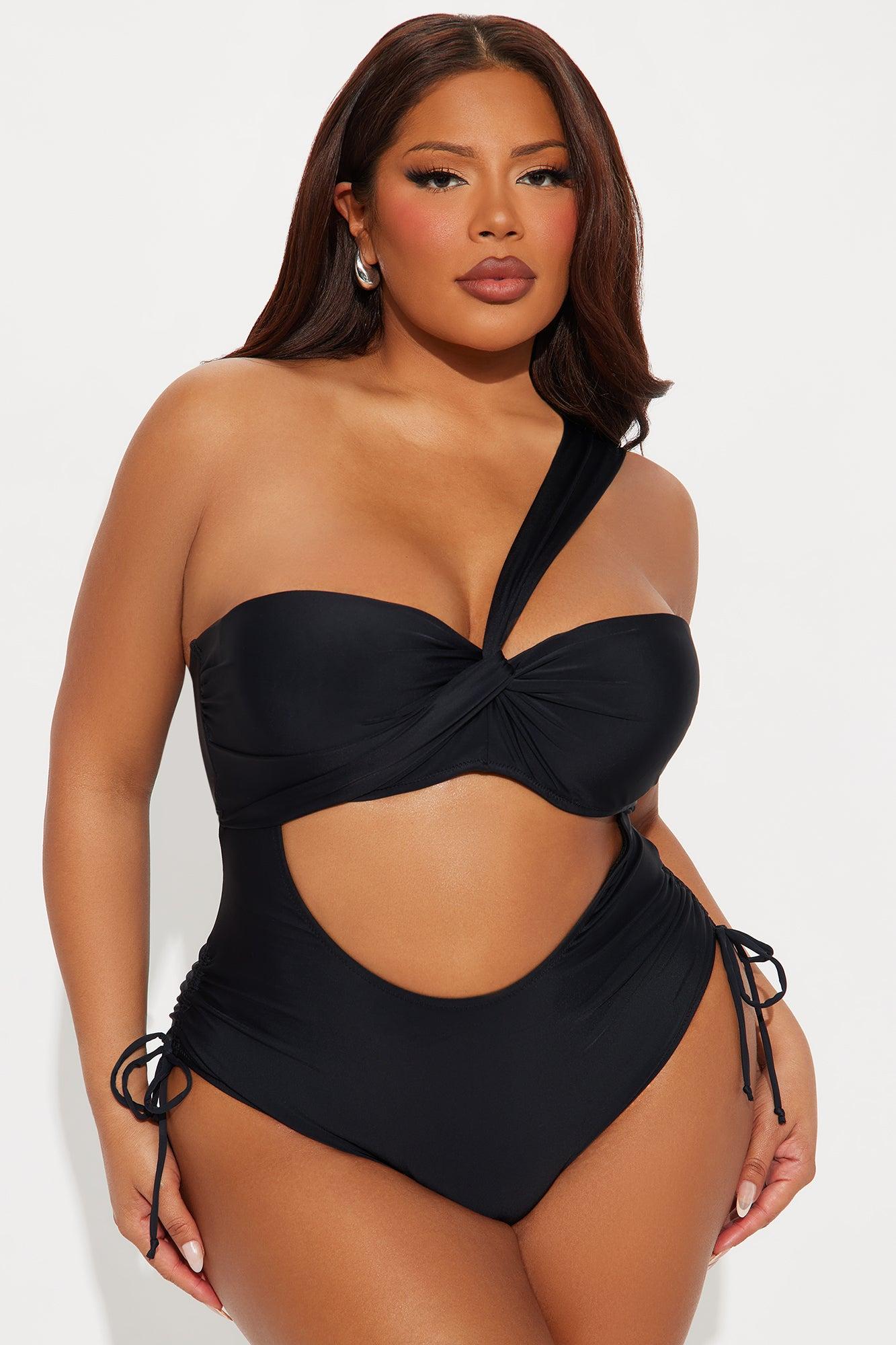 Cabana Beach One Shoulder Cutout Ruched 1 Piece Swimsuit - Black Product Image