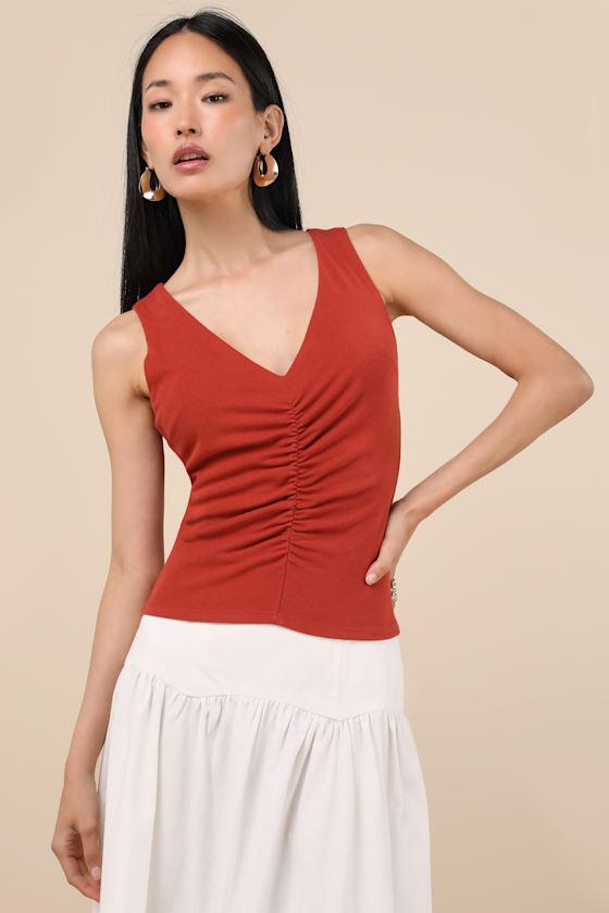 Kosta Rust Red Ruched Jersey Knit Tank Top Product Image