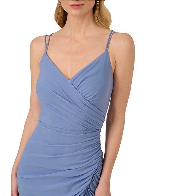 Adrianna Papell Stretch Mesh Surplice Spaghetti Strap Shirred Draped Gown Product Image