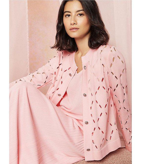 Ming Wang Soft Knit Diamond Cut-Out Round Neck Long Sleeve Jacket Product Image