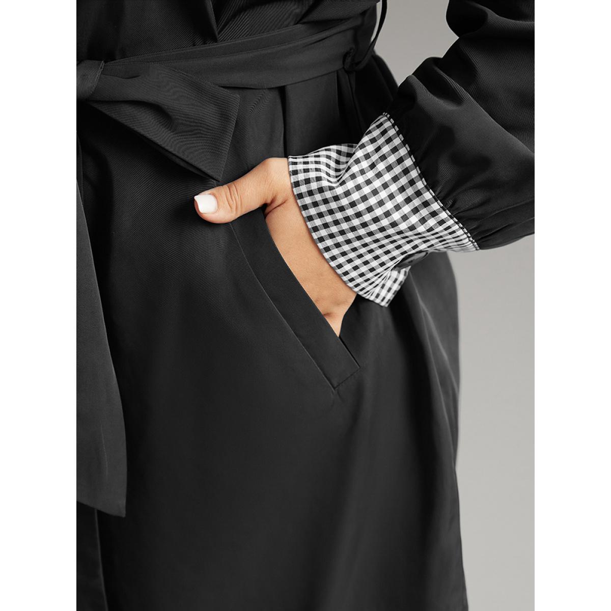 Plus Size Gingham Patchwork Belted Pocket Coat Women Black Casual Belted Ladies Dailywear Winter Coats BloomChic 12/L Product Image