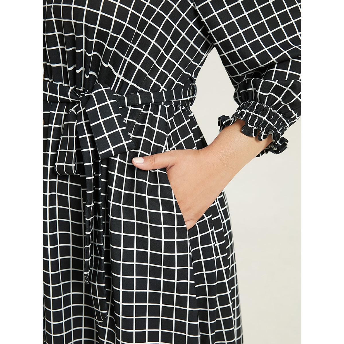 Plus Size Gingham Button Detail Pocket Lantern Sleeve Dress Black Women At the Office Belted V-neck Long Sleeve Curvy Midi Dress BloomChic 30/6X Product Image