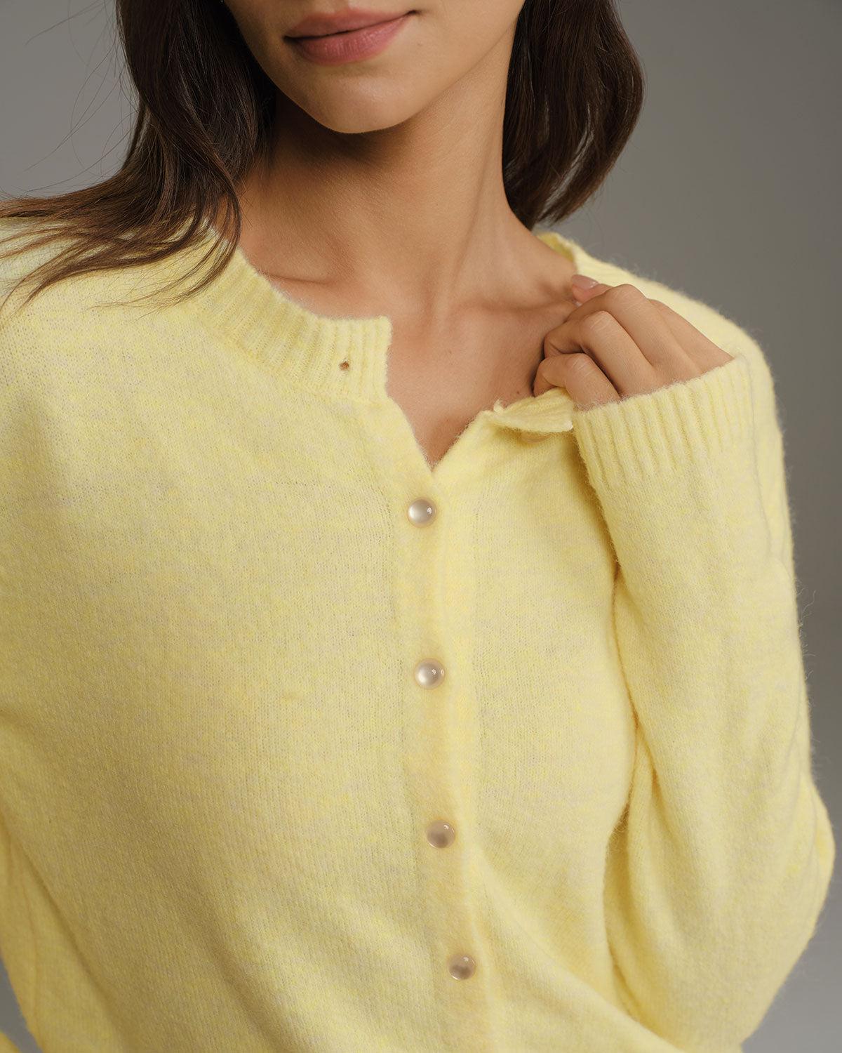 Yellow Round Neck Knit Cardigan Product Image